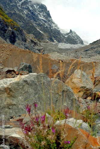 Chalaadi Glacier, ice, glacial flour, moraine, and snow in the Caucasus Mountains. Mestia, Svaneti, Georgia.