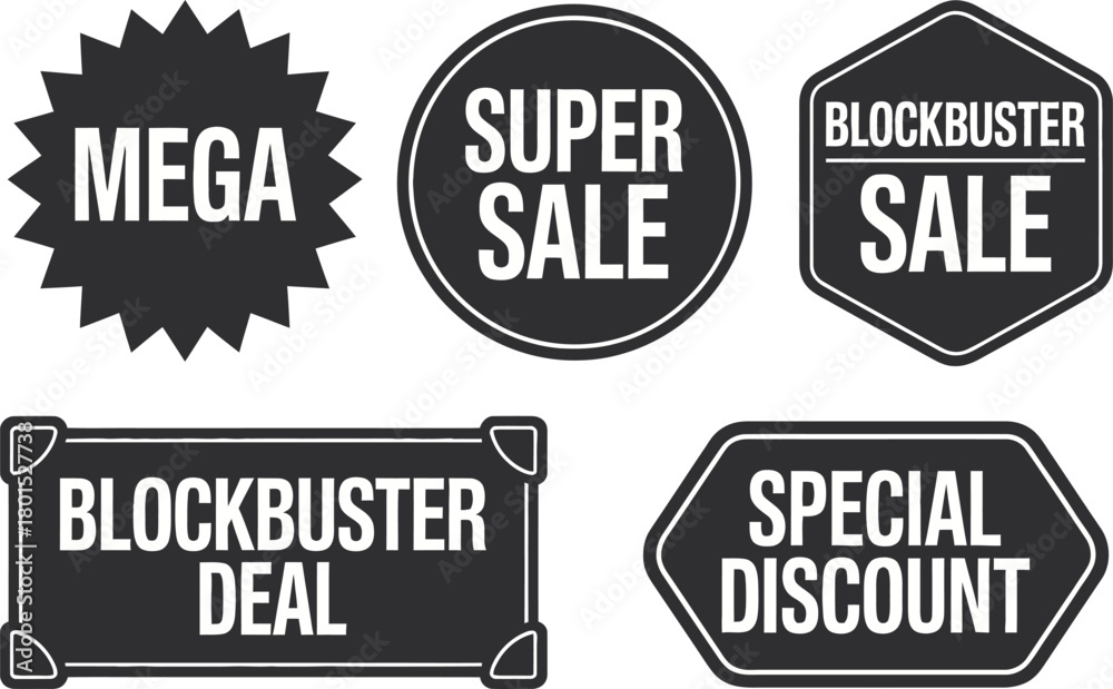 Obraz premium Mega Sale Badges. Blockbuster deal labels, super sale icons, special discount signage, and bold promotional graphics