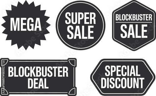 Mega Sale Badges. Blockbuster deal labels, super sale icons, special discount signage, and bold promotional graphics