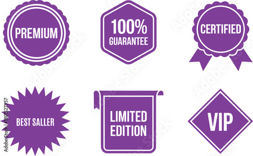 Premium and VIP Badges. Purple certified labels, limited edition icons, best seller stamps, and premium guarantee signs