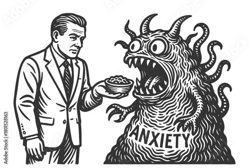 man feeding a monstrous creature labeled Anxiety, symbolizing self-sabotage or mental struggle sketch engraving generative ai vector illustration. Scratch board imitation. Black and white image.