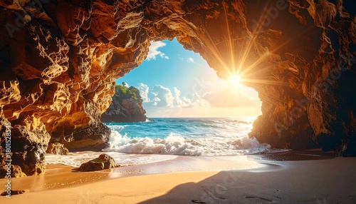 Beach view from a rock cave with sunbeams streaming through. Waves are visible, a tranquil coastal scene
