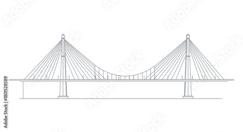 Detailed Line Drawing of a Cable-Stayed Bridge Structure.
