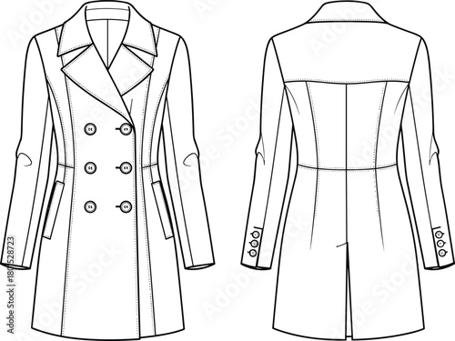Elegant women’s double-breasted trench coat fashion flat sketch, detailed technical drawing with front and back views, apparel design template for production