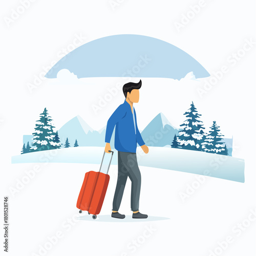 solitude travel therapy, healing practice concept, lonely man walking alone with luggage in quiet winter landscape