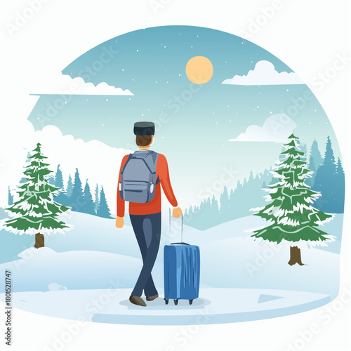 solitude travel therapy, healing practice concept, lonely man walking alone with luggage in quiet winter landscape
