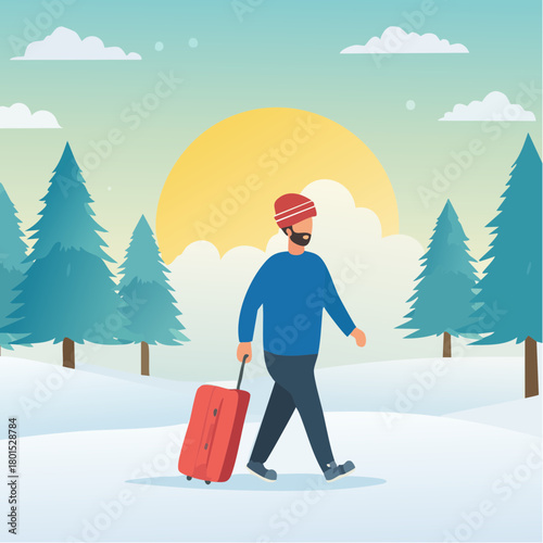 solitude travel therapy, healing practice concept, lonely man walking alone with luggage in quiet winter landscape