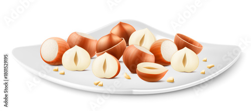 Hazelnuts on a white porcelain plate. Whole and half hazelnut isolated on white background. Peeled and unpeeled nuts. Hazelnut kernels are ripe and tasty, a source of protein. 3d vector illustration.