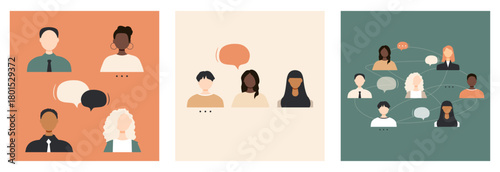 Different people with chat bubbles card set. Communication concept.	