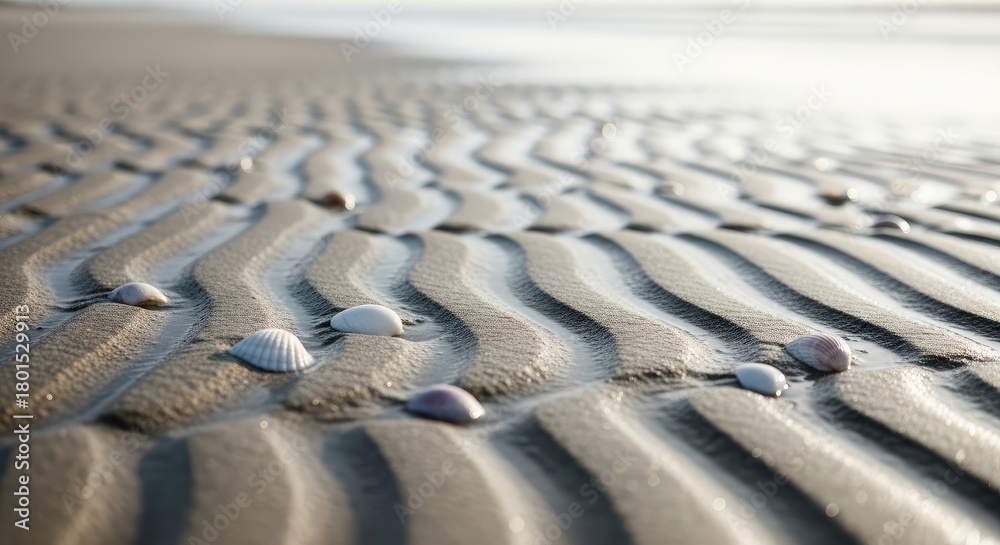 Fototapeta premium Seashells scattered on a rippled sand beach during a bright sunny day