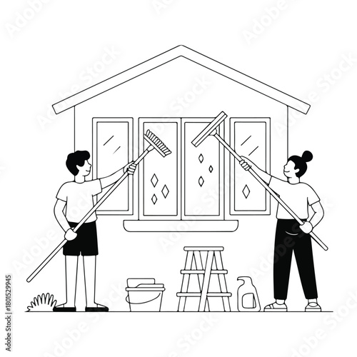 Illustration of two people cleaning windows with squeegees and cleaning supplies