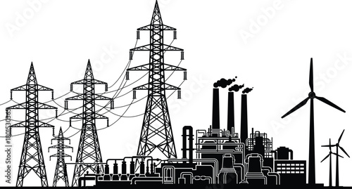 Industrial energy plant with high voltage transmission towers and wind turbines, electricity generation infrastructure combining renewable and conventional power sources