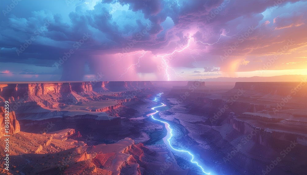 Fototapeta premium Dramatic Grand Canyon Landscape with Vibrant Lightning Storm and Glowing River
