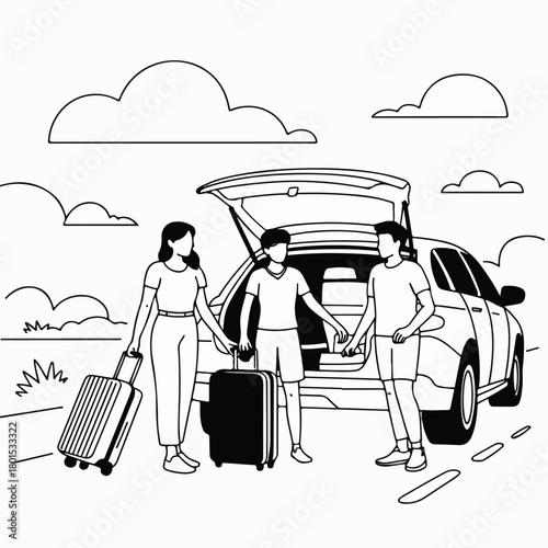 Family loading luggage into car trunk for road trip isolated on