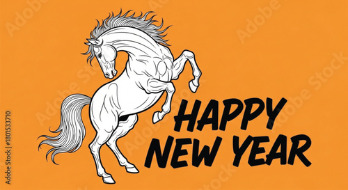 A illustration features a white horse rearing up with a flowing mane and tail, wishing a happy new year. The background is orange, creating a vibrant and festive design.