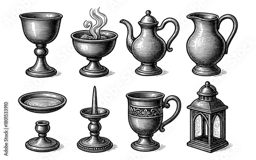 Vintage engraved drinkware and lantern set in retro style