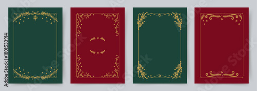 Christmas luxury frame collection. Elegant borders with leaves, fir branches, stars, snowflakes on green and red backgrounds. Hand drawn line art design for Christmas card, invitation, cover, banner
