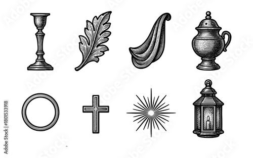 Vintage black and white engravings of decorative objects and symbols