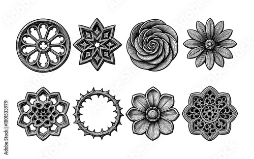 Intricate black and white floral motifs in detailed circular designs