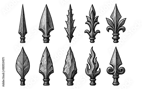 Set of vintage spearhead designs: engraved weapon tips collection