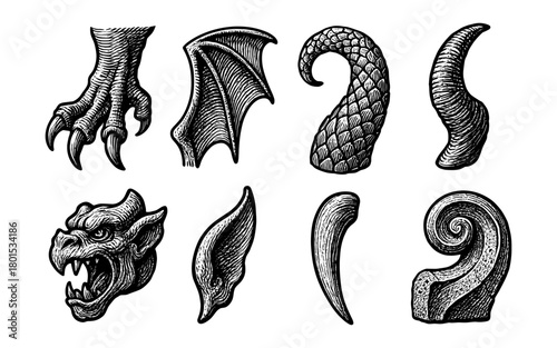 Fantasy creature parts in vintage engraving style featuring claws, wings, and horns
