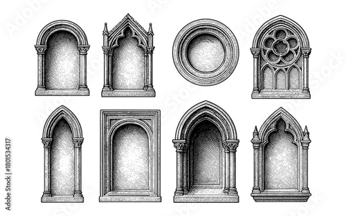 Intricate gothic architectural frames collection in detailed engraving style
