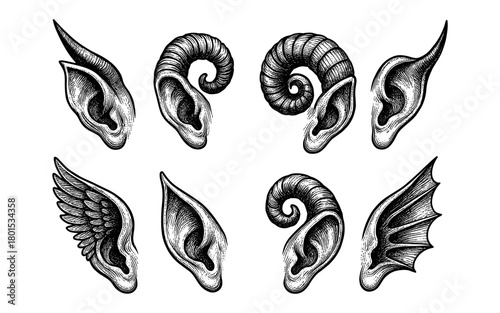 Fantasy ears collection featuring dragon, elf, and winged styles in vintage ink design
