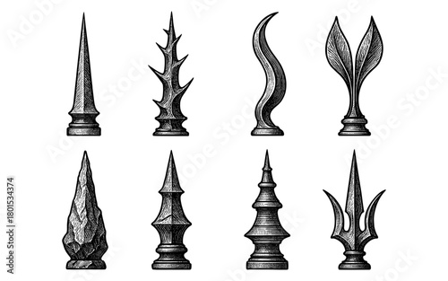 Vintage engraved spear tips collection with ornate designs