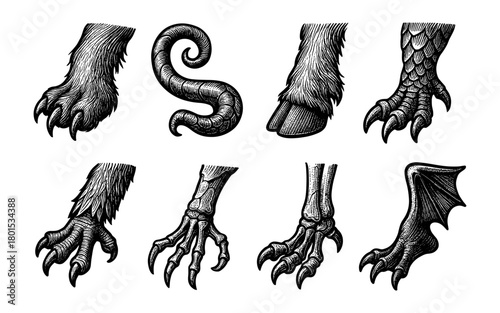Intricate black and white engraving of various mythical creature limbs and claws