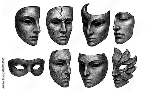 Intricate hand-drawn masks with cracked and ornate designs