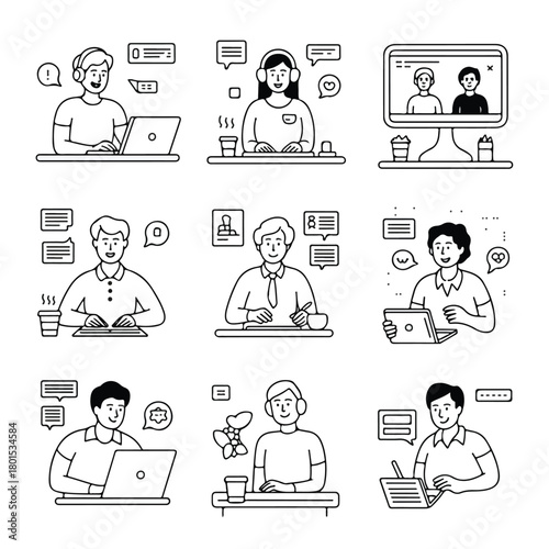 Hand drawn illustration of people working remotely isolated on