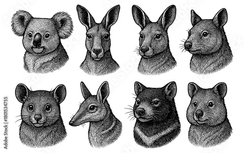 Intricate hand-drawn australian wildlife portraits