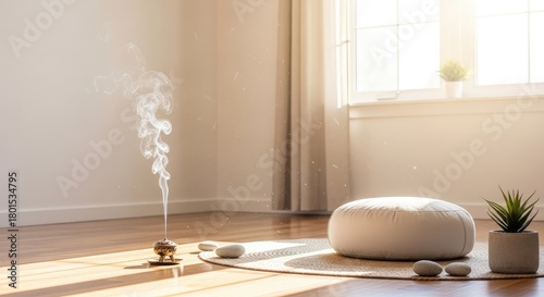 Interior space with incense burning and meditation cushion near window