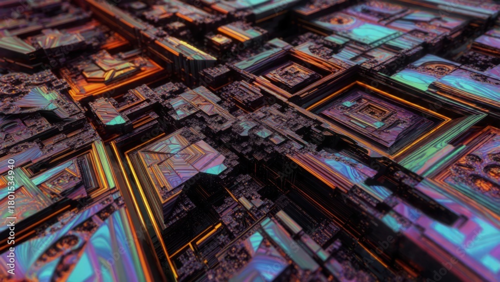 Obraz premium Abstract perspective of layered, geometric structures in iridescent hues, suggesting a complex system