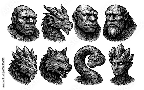 Mythical creatures and fantasy beasts in detailed engraving art style