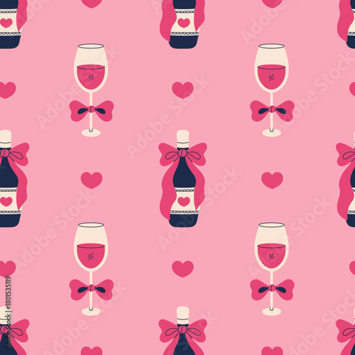 Wine Bottle and Glass Seamless Pattern. Pink Coquette Romantic Background with alcohol beverage heart shape and ribbon bow. Hand drawn flat vector illustration