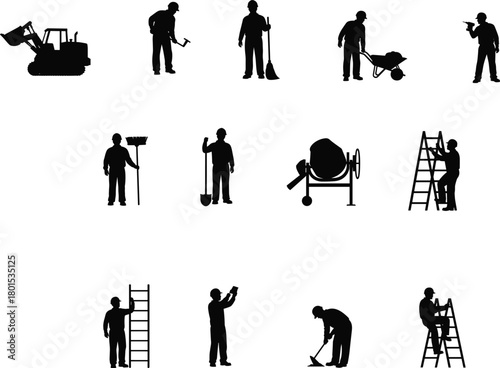 Silhouettes of construction workers using tools, equipment and ladders, industrial labor icons for building, engineering, maintenance and construction industry concepts