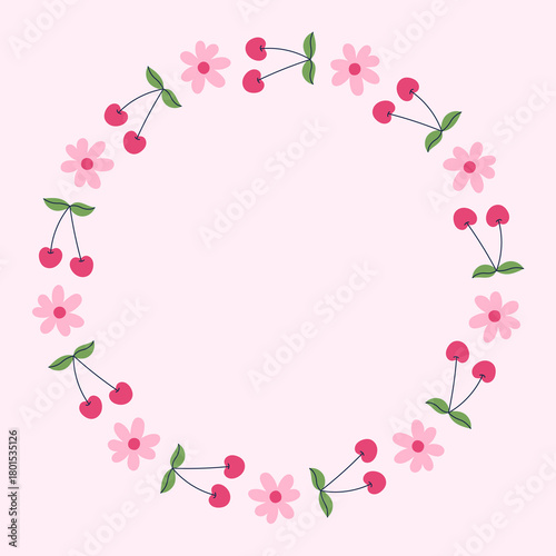 Cherry Blossom Wreath. Romantic Circle Chaplet with pink fresh berries flowers and leaves. Sweet Fruit round border card template. Flat vector illustration