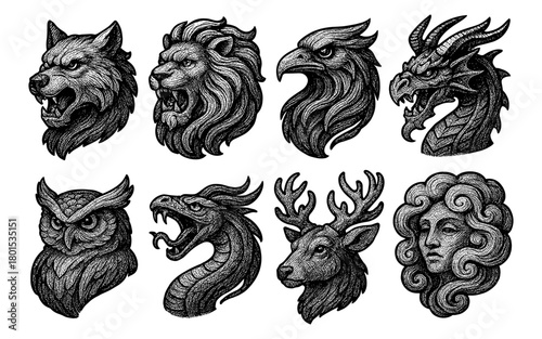 Intricate monochrome animal and mythical beast heads in tattoo style