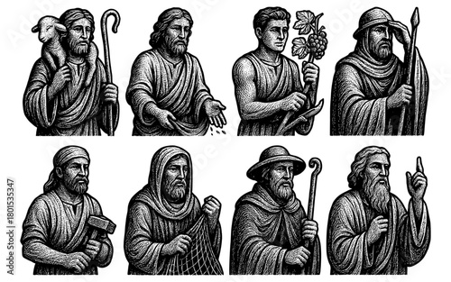 Monochrome medieval figures: detailed engravings of historical characters