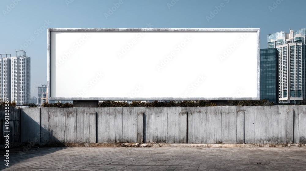 Obraz premium Blank billboard on a concrete wall with buildings in the background