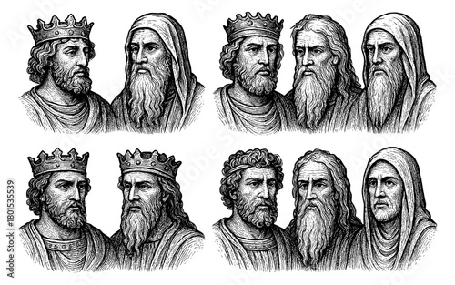 Monochrome historical figures with beards and crowns in classic style