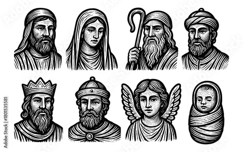 Monochrome religious figures in woodcut style with historic and spiritual themes