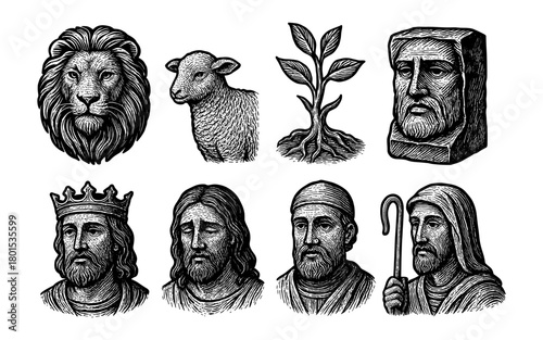 Vintage engraving style religious figures and nature symbols