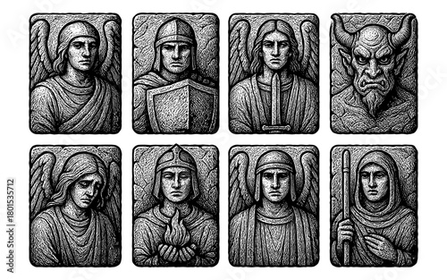 Medieval carved portraits of angels, warriors, and mythical creatures