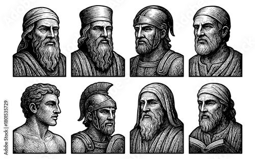 Greek mythology busts: engraved antique portraits of historical figures in black and white