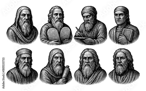 Engraved portraits of historical philosophers and scholars in black and white