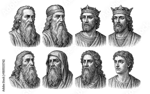 Vintage engraved portraits of historical figures with detailed textured features
