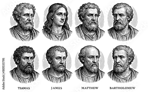 Engraved portraits of historical figures in classical style