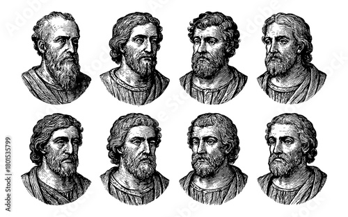 Engraved portraits of historical figures with detailed facial features